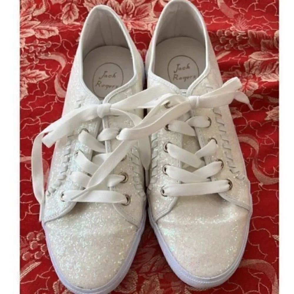 Jack Rogers Womens Size 8.5M Sneakers Carter Textile White Glitter Lace Up Shoes